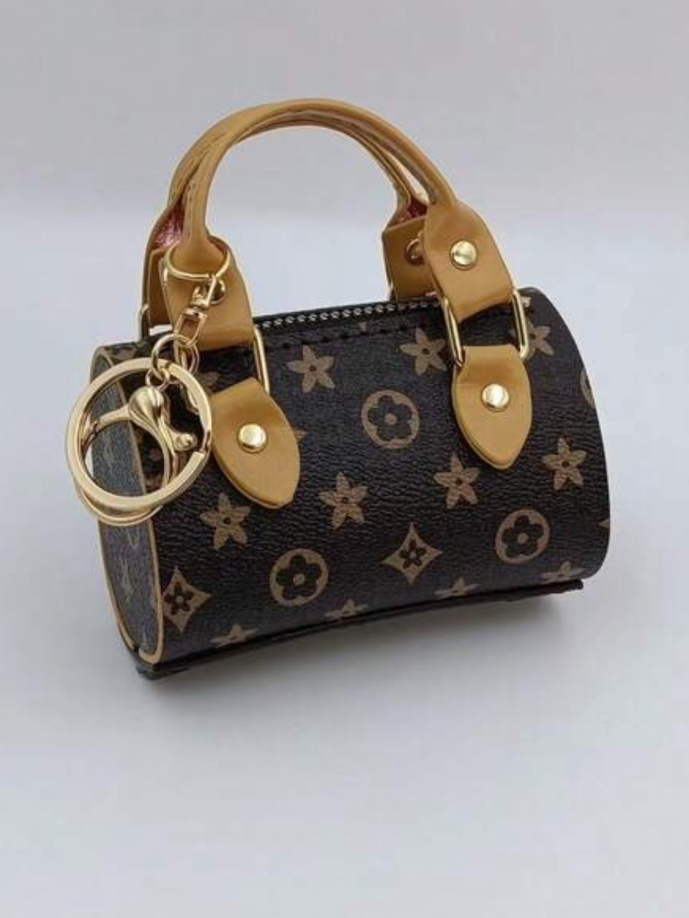 Mini Monogram Cute Pattern Barrel Bag Keychain - Brown/Tan